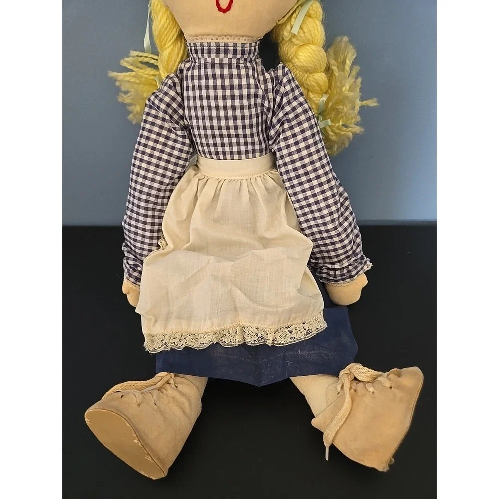 Vintage Handmade Cloth Doll‎ With Stitched Facial Features Blond Hair Apron